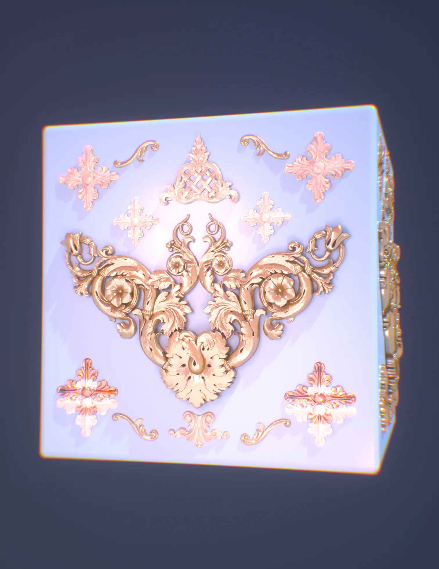 a 3d render of various golden and rose golden ornaments on a white box
